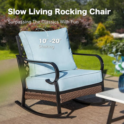 5 Piece Metal Outdoor Patio Furniture Set, Patio Conversation Sets 3-Seater Sofa, 2-Seater Sofa, 2 Rocking Sofa with 5.75" Thick Cushion & Coffee Table Black Backyard Furniture, Blue