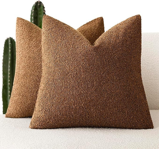 Foindtower Pack of 2 Modern Textured Boucle Throw Pillow Covers Accent Solid Decorative Pillow Cases Cozy Woven Couch Cushion Case for Chair Sofa Bedroom Living Room Home Decor 20x20 Inch Hazel Brown