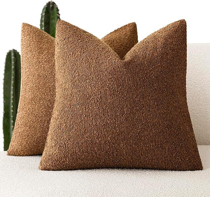 Foindtower Pack of 2 Textured Boucle Throw Pillow Covers Accent Solid Pillow Cases Cozy Soft Decorative Couch Cushion Case for Chair Sofa Bedroom Living Room Home Decor 18x18 Inch Hazel Brown