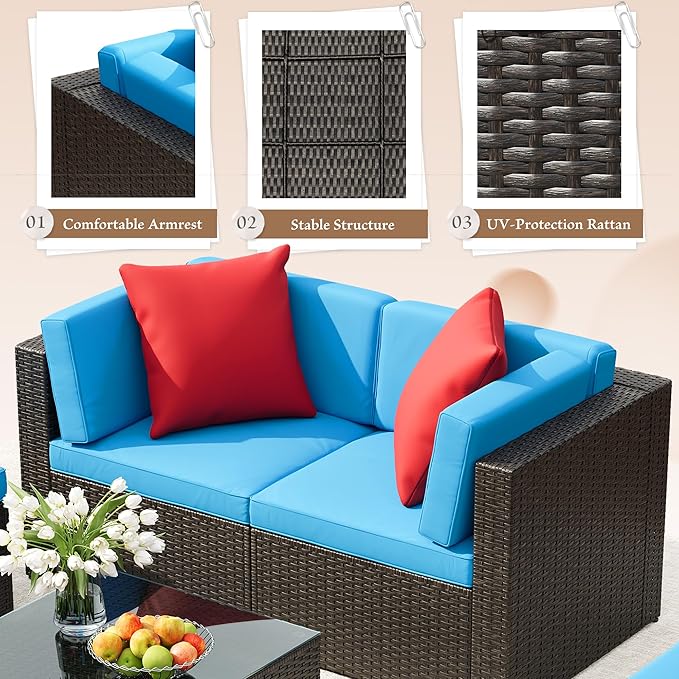 JUMMICO 5 Pieces Patio Furniture Set, Outdoor Sectional Sofa Conversation Sets, Couch Rattan Chair Wicker with Ottoman Cushion, Glass Tea Table and Pillows for Backyard Porch Garden Pool Balcony,Blue