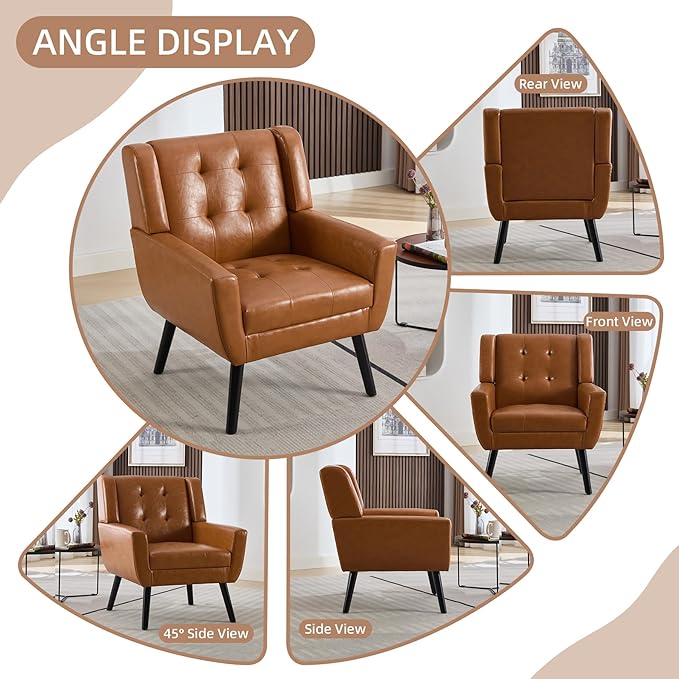 Dolonm Midcentury Modern Leather Accent Chair with Arms, Upholstered Reading Side Chair Tufted Back Decorative Wingback Chair for Living Room Bedroom (Light Brown-PU)
