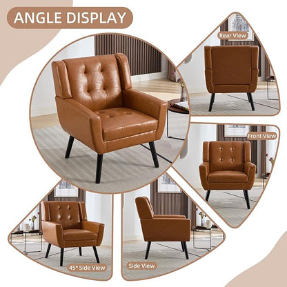 Dolonm Midcentury Modern Leather Accent Chair with Arms, Upholstered Reading Side Chair Tufted Back Decorative Wingback Chair for Living Room Bedroom (Light Brown-PU)