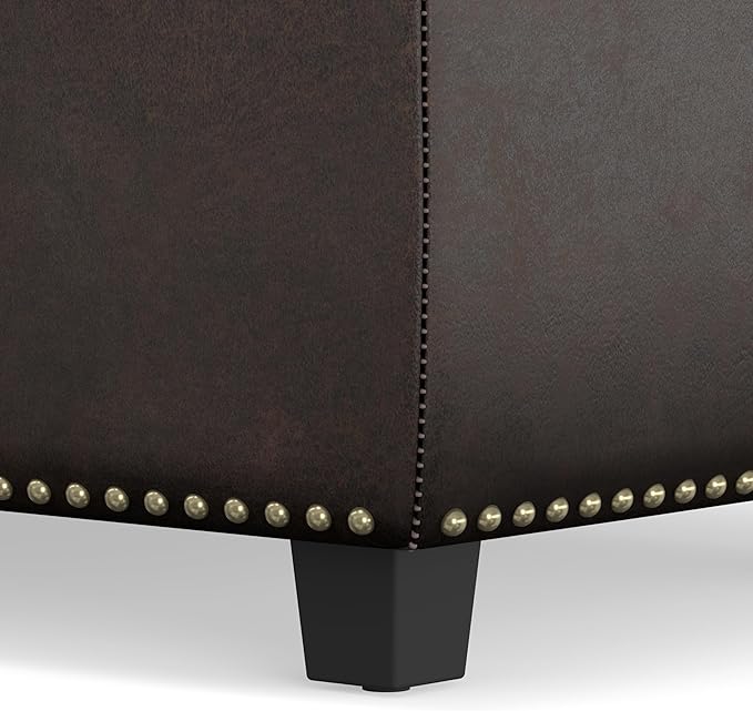 SIMPLIHOME Hamilton 48 inch Wide Transitional Rectangle Storage Ottoman in Distressed Brown Vegan Faux Leather, Assembled, For the Living Room, Entryway and Family Room