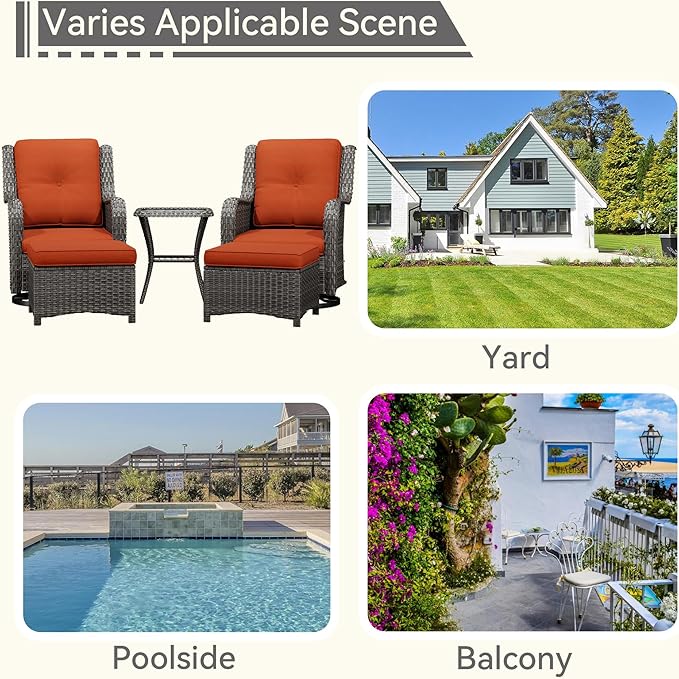 5 Piece Outdoor Patio Furniture Set Wicker Conversation Set Swivel Rocking Chairs with Side Table and Ottomans for Backyard, Porch, Deck, Orange