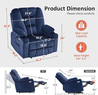 MCombo Oversized Power Lift Recliner Chair Sofa with Massage and Heat for Elderly People Petite, USB Ports, Side Pockets, Fabric R7561 (Navy Blue, Small-Oversize)