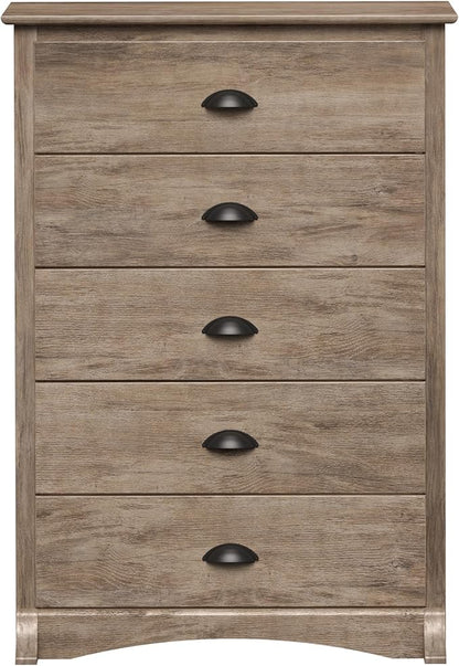 Prepac Sonoma Rustic 5-Drawer Tall Dresser for Bedroom, Farmhouse Dresser Chest of Drawers 17.75" D x 31.5" W x 44.75" H, Drifted Gray
