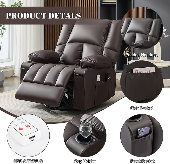 Swivel Rocker Chair with Heat and Massage, 270° Power Recliner Chairs for Adults, USB and Type-C Ports, Oversized Recliner Single Sofa, Electric Glider Chair(Darkbrown)