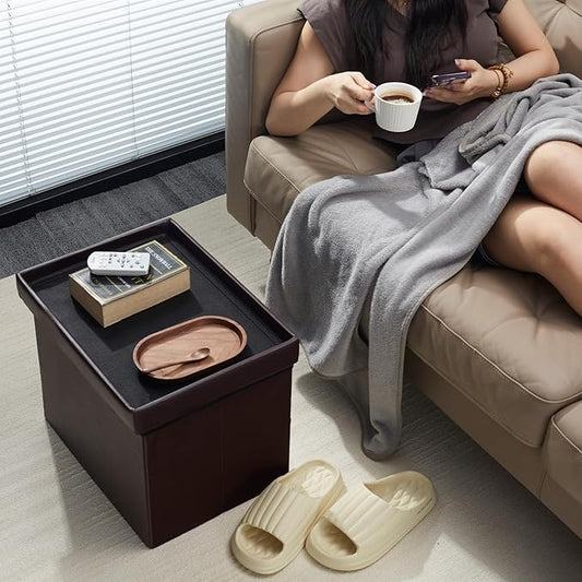 AmasSmile Storage Ottoman Folding Foot Rest Stool, Leather Footstool Bench, Short Ottoman Stool, Storage Foot Rest Store, Books (Brown, 17" D x 13" W x 13" H)