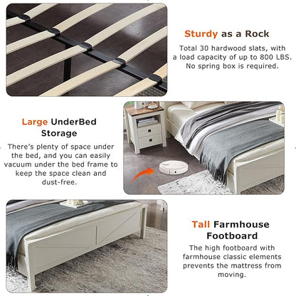 T4TREAM Farmhouse King Size Bed Frame w/Storage Bookcase Headboard, Sliding Barn Door, Charging Station, Rustic Wood Platform Bed w/Wood Slats Support, No Box Spring Needed, Antique White