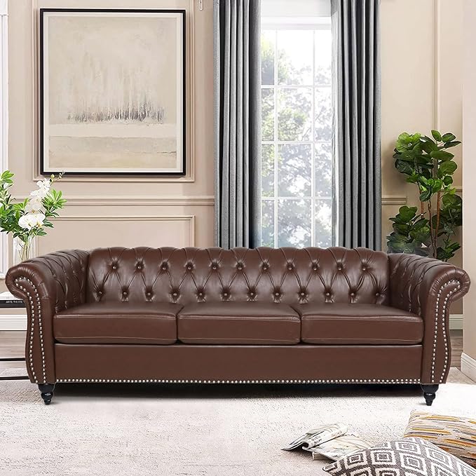 LEVNARY Chesterfield Sofa, Classic Tufted Upholstered Leather Couch, Modern 3 Seater Couch Furniture with Tufted Back for Living Room Office (Dark Brown)