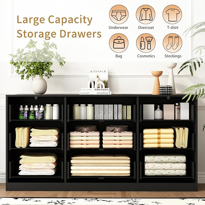 3-Piece Modern Bedroom Furniture Set, Wide 9-Drawer Dresser & 3-Drawer Nightstands Set of 2, Natural Wood Dresser and Nightstand Sets for Bedroom, Hallway, Black