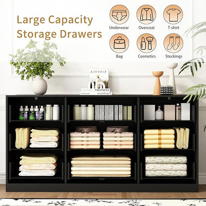 3-Piece Modern Bedroom Furniture Set, Wide 9-Drawer Dresser & 3-Drawer Nightstands Set of 2, Natural Wood Dresser and Nightstand Sets for Bedroom, Hallway, Black