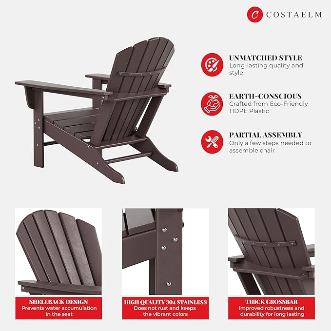 Costaelm Outdoor Adirondack Chair, HDPE Patio Chair, Weather Resistant Lawn Firepit Outside Chairs for Porch, Poolside, Garden, Backyard Deck, Dark Brown