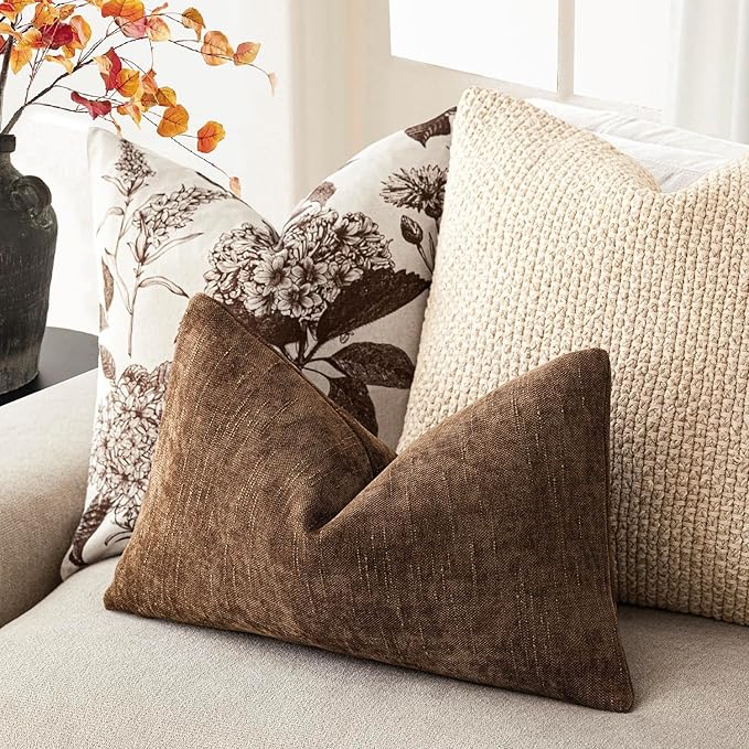 Foindtower Set of 2 Textured Chenille Throw Decorative Pillow Covers Square Accent Solid Cushion Cover Neutral Farmhouse Lumbar Pillow Case for Couch Sofa Bedroom Living Room 12x20 Inch,Dark Bronze