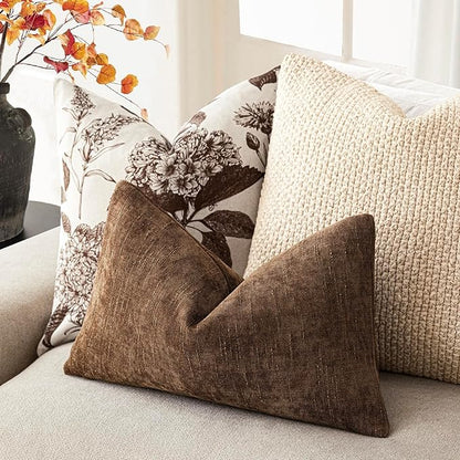 Foindtower Set of 2 Textured Chenille Throw Decorative Pillow Covers Square Accent Solid Cushion Cover Neutral Farmhouse Lumbar Pillow Case for Couch Sofa Bedroom Living Room 12x20 Inch,Dark Bronze