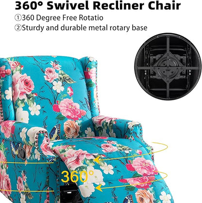 Pia Ricco Swivel Glider Recliner Chairs Set of 2, High Back Rocker Reclining Accent Chair with Smooth Manual Mechanism for Nursery, Comfortable & Quiet Upholstered Armchair Seating-Peacock Blue Rose