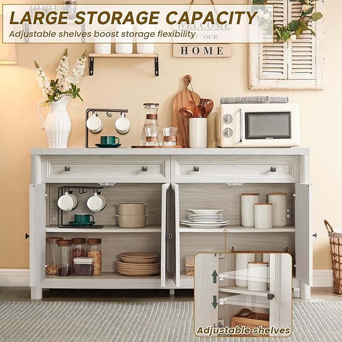 Farmhouse 59" Large Buffet Cabinet with Storage, White Sideboard Cabinets with 4 Doors and 2 Drawers, 32.1" Tall Wood Credenza Coffee Bar Console Kitchen Cabinet for Living Dining Room