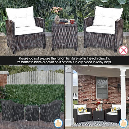 Tangkula 3 Pieces Patio Furniture Set, PE Rattan Wicker 3 Pcs Outdoor Sofa Set w/Washable Cushion and Tempered Glass Tabletop, Conversation Furniture for Garden Poolside Balcony (Black)