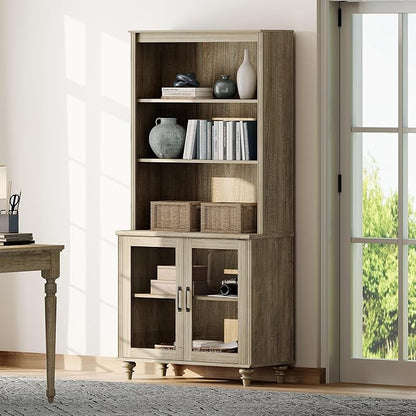 WAMPAT 5 Tier Farmhouse Bookshelf 72" Tall Bookcase with Glass Doors, Large Display Book Shelf with Adjustable Shelves and Storage Cabinet, Wood Bookshelves for Living Room & Study Room, Wash Grey