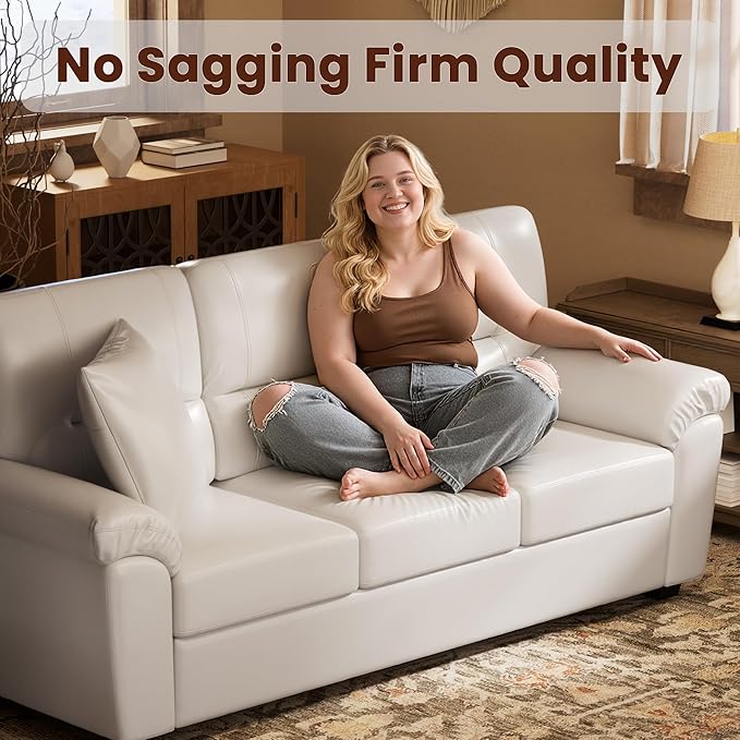 Morden Fort Faux Leather Loveseat and 3 Seater Sofa Set, Modern Luxury Furniture with Removable and Easy to Clean Cushions, Skin-Friendly Wide Arm for Living Room Apartment Office Lounge, White