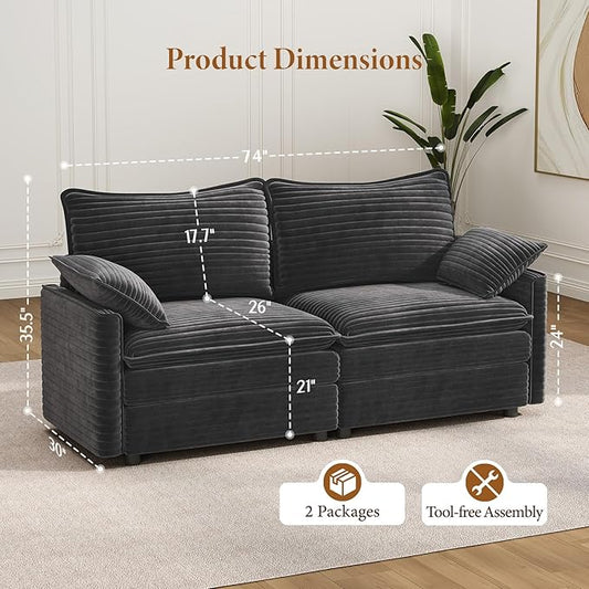 Vesgantti 74" Loveseat Sofa for Living Room, Comfy Cloud Couch Deep Seat Corduroy Modern 2 Seater Small Sofa with Armrest Pillow, Easy Assembly for Small Spaces, Gray