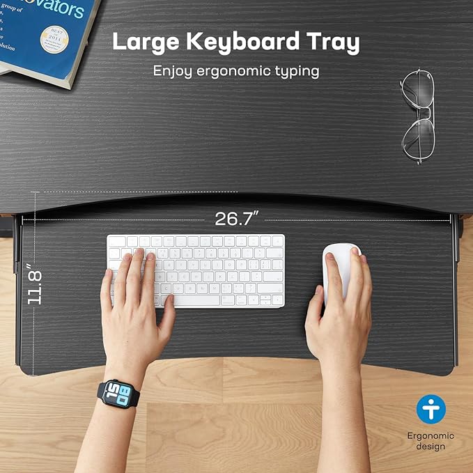 HUANUO 48" x 26" Electric Standing Desk with 2 Drawers & 26.7" Large Keyboard Tray, C-Clamp Mount Compatible, Adjustable Computer Desk for Home Office, Stand Up Desk with 4 Height Presets, Black