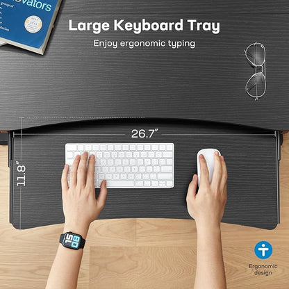 HUANUO 48" x 26" Electric Standing Desk with 2 Drawers & 26.7" Large Keyboard Tray, C-Clamp Mount Compatible, Adjustable Computer Desk for Home Office, Stand Up Desk with 4 Height Presets, Black