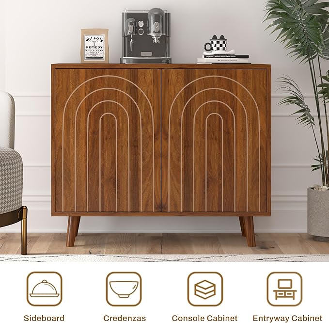 Accent Cabinet with Carving Lines, Modern Buffet Sideboard with Adjustable Shelves, Decorative Storage Cabinets for Bedroom Living Room Kitchen Office and Hallway (Walnut, 1)
