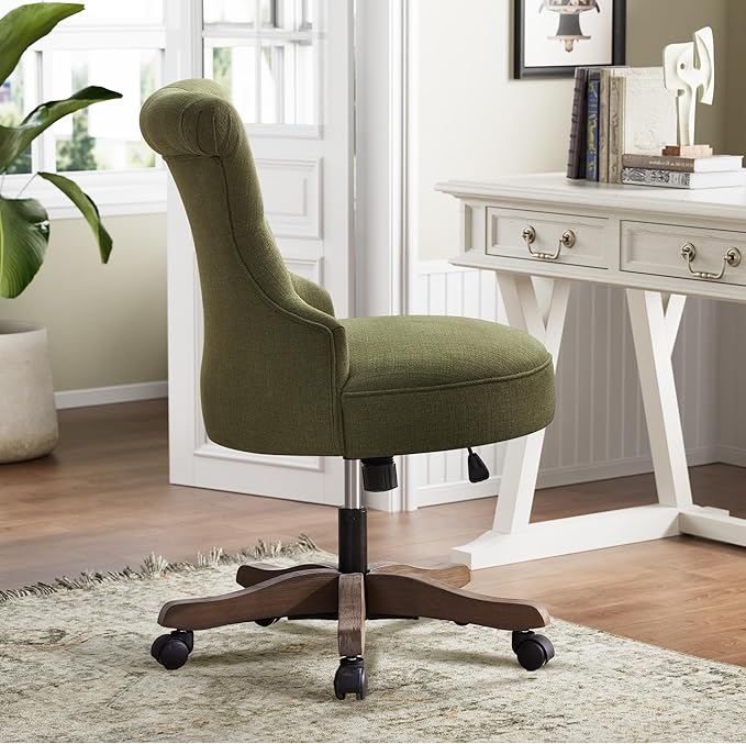 HUIMO Home Office Chair Upholstered Armless Desk Chair with Wheels Adjustable Height Computer Desk Chair with Wooden Legs Comfortable Swivel Chair for Home Office Study Studio (Green)