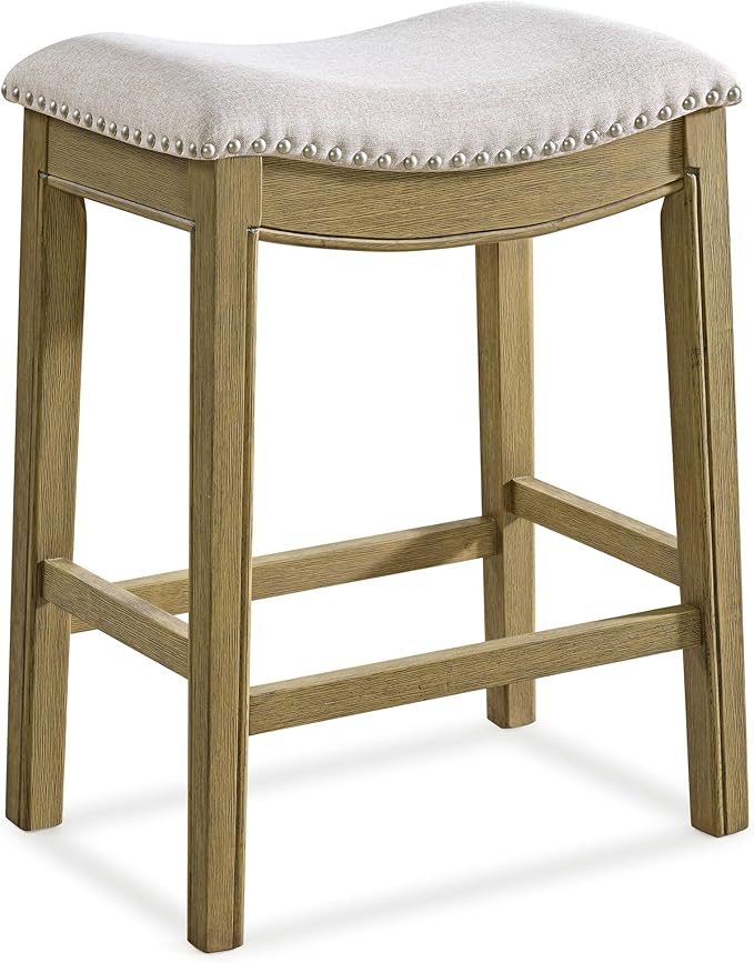ROME + OAK Parker 26 Inch Counter Stool, Backless Saddle Kitchen Barstool in Natural Wood Finish with Wheat Cream Fabric Upholstery Cushion Seat