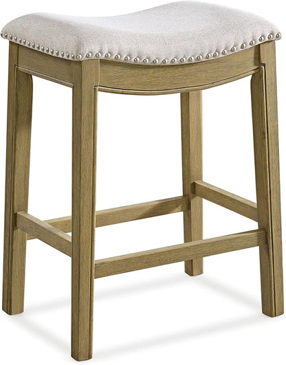 ROME + OAK Parker 26 Inch Counter Stool, Backless Saddle Kitchen Barstool in Natural Wood Finish with Wheat Cream Fabric Upholstery Cushion Seat