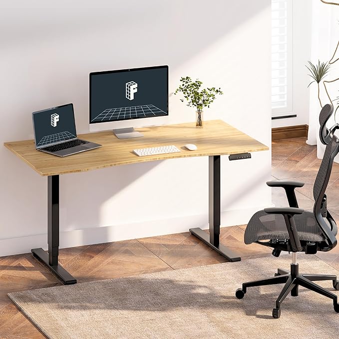 FlexiSpot E6 Bamboo 3-Stage Dual Motor Electric Standing Desk 48 x 24 Sit Stand Up Desk, Holds 220 lbs, Adjustable Height w/ Memory Presets, Solid Bamboo Curved Desktop & Black Frame, Ships in 2 Boxes