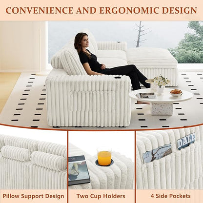 114" Cloud Boneless Sectional Couches for Living Room, Modular Sectional Sofa with Cup Holder, Cozy Fluffy L Shaped Deep Seat Boneless Couch with Storage Pocket, No Assembly Required, White