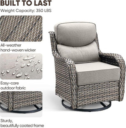 Swivel Patio Chairs Set of 3 with 6" Thick Cushion - Wicker Outdoor Swivel Rocker Patio Chairs with Side Table, High Back Comfortable Outdoor Glider Chair - Grey Wicker | Beige Cushions