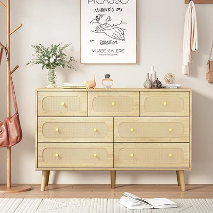 Rattan Dresser for Bedroom, 7 Drawer Rattan Dresser with Gold Handles, Boho Wood Dressers & Chest of Drawers for Bedroom