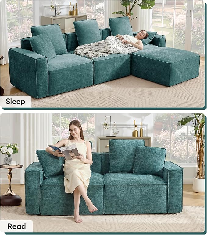 WILLOVE 109'' Modular Sectional Sofa, Chenille Cloud Couch with Wide Armrests & 5 Pillows, Deep Seat Couches for Living Room, Green