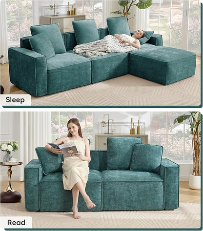 WILLOVE Modular Sectional Sofa Set, Chenille Cloud Couch with Wide Armrests & 8 Pillows, Deep Seat Couches for Living Room, 6-Seater Green
