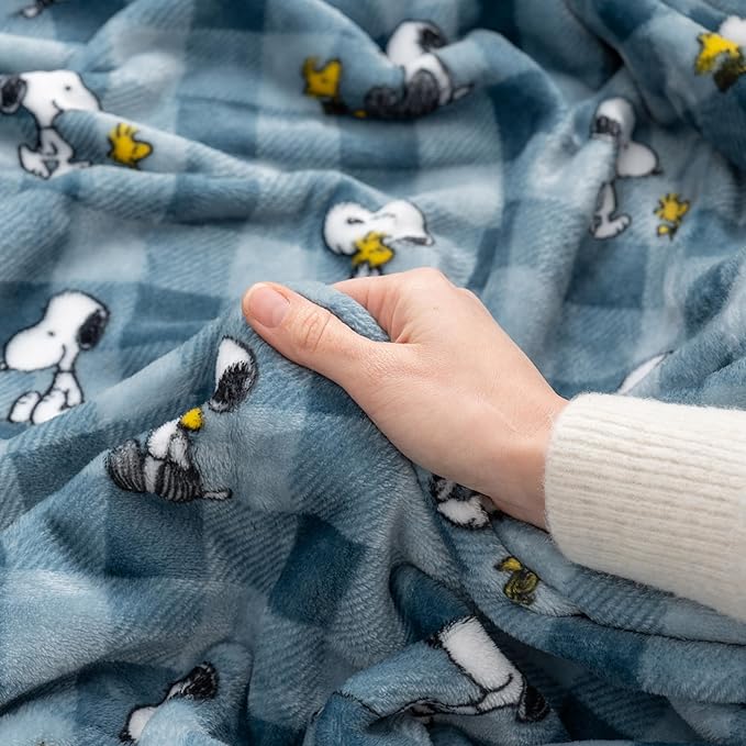 Berkshire Blanket Peanuts® VelvetLoft® Cute Character Snoopy Plush Throw Blanket,Peanuts Snoopy Everyday Buffalo Plaid Navy Tonal,Throw 55 in x 70 in (Official Peanuts® Product)