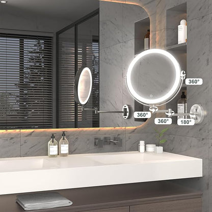 Hasipu 10-Inch Wall Mounted Makeup Mirror with Magnification, Rechargeable 3000 mAh Vanity Mirror with Lights, Bathroom Mirror with Dimmable Brightness, 3 Lighting Modes, Extendable Arm, Nickel