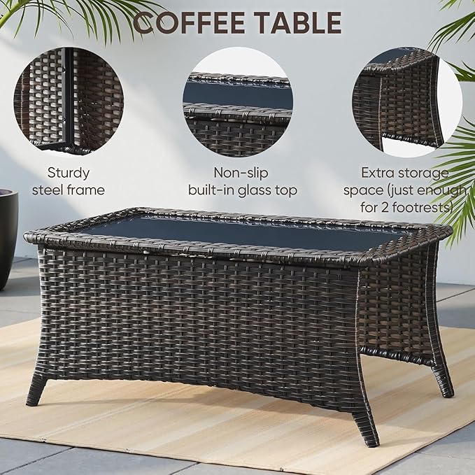 5-Piece Rotating Balcony Chair Set with 31-inch T-Shaped Wide backrest - Rattan Outdoor Rotating Balcony Chairs, Wide backrest Comfortable Outdoor Sliding Chair - Brown | Grey