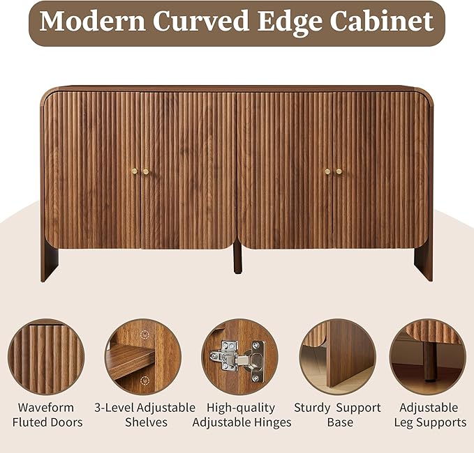 59” Large Buffets Sideboard Cabinet with Storage, Fluted Curved Credenza Buffet Table Storage Cabinet with 4 Doors, Modern Wood Accent Console Table Coffee Bar for Living Room Kitchen Hallway, Walnut