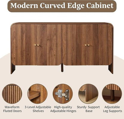 59” Large Buffets Sideboard Cabinet with Storage, Fluted Curved Credenza Buffet Table Storage Cabinet with 4 Doors, Modern Wood Accent Console Table Coffee Bar for Living Room Kitchen Hallway, Walnut
