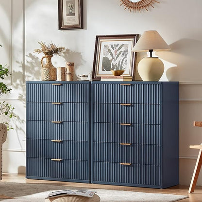 Fluted 5 Drawers Dresser for Bedroom, 41" Tall Modern Chest of Drawers with Metal Handle,Navy Blue Wood Drawer Organizer for Bedroom, Living Room, Hallway, Entryway
