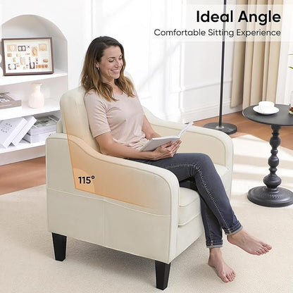 Accent Chairs Set of 2, Upholstered Living Room Chairs with Side Pockets, Mid Century Modern Reading Chair for Bedroom, Comfy Armchair Single Sofa Side Chair for Office, Small Room, Beige