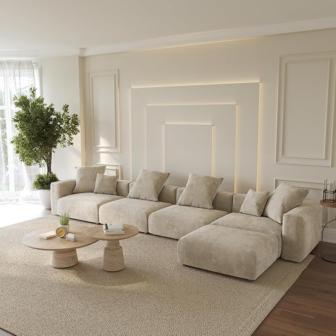 Oversized Modular Sectional Sofa with Ottomans,5 Seater Corduroy L Shaped Reversible Corner Couch,181.1" Convertible Sofa & Couch Free Combination for Living Rooom,Beige