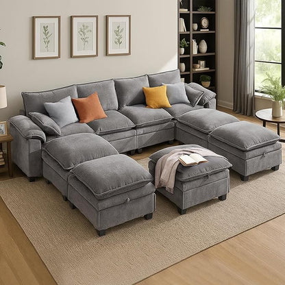 130" U Shaped Modular Sectional Sofa, Couch with Ottoman Storage, Chenille Cloud Couch with Plush Deep Seating for Living Room, Bedroom (9 Seat, Light Grey)