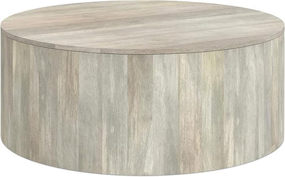 SIMPLIHOME Millbury Drum Coffee Table - 36 inch Wide Solid Mango Wood Round Living Room Table in White Wash, Contemporary Cocktail Table for Family Room or Lounge with Large Surface, Assembled