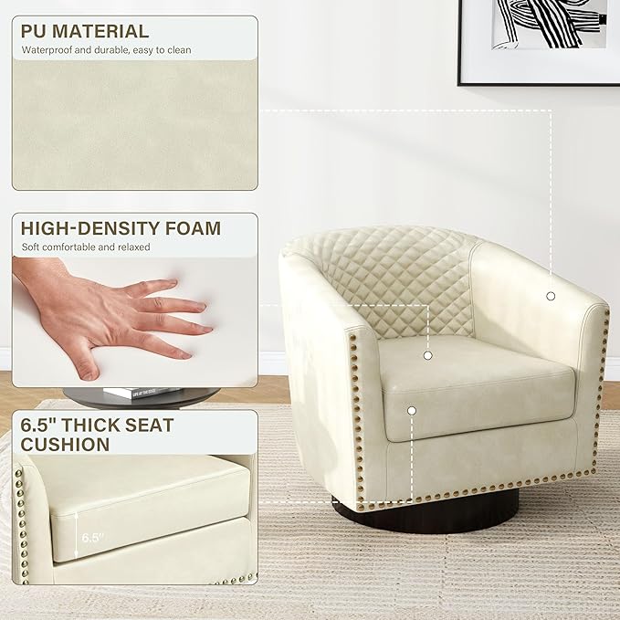 Pia Ricco Faux Leather Swivel Barrel Accent Chairs, 360° Swivel Round Single Sofa Chair, Comfy Upholstered Club Armchair with Nailhead Trim for Living Room/Reading Room/Bedroom,Beige