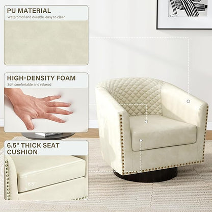 Pia Ricco Faux Leather Swivel Barrel Accent Chairs, 360° Swivel Round Single Sofa Chair, Comfy Upholstered Club Armchair with Nailhead Trim for Living Room/Reading Room/Bedroom,Beige