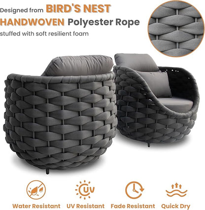 Balcony Furniture Set for Apartments: 4 Pieces Aluminum Woven Rope Patio Conversation Set - Modern Cushioned Lounge Chair Set - Assembled Porch Armchair for 400lbs Garden Lanai Hotel, Dark Grey